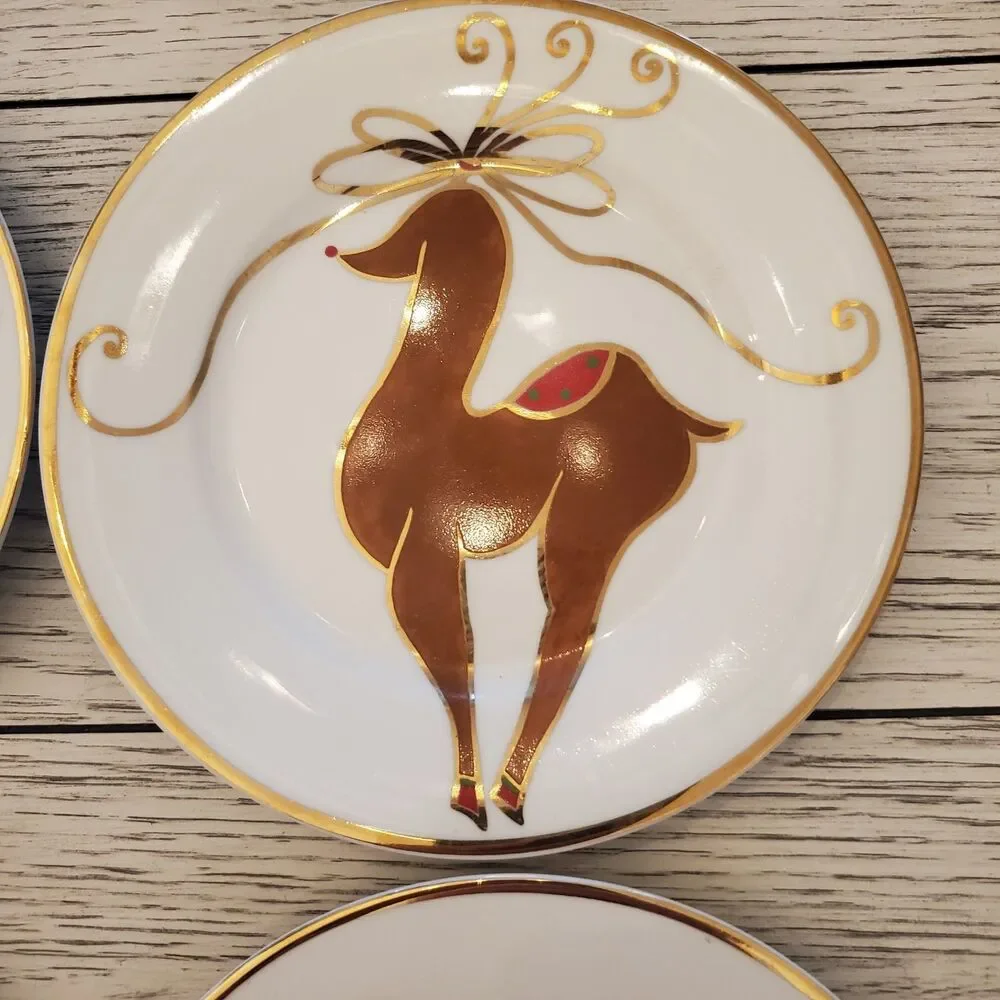 Pier 1 Christmas Gold Rim Dessert/Appetizer Plates Star Tree Ornament Reindeer 4